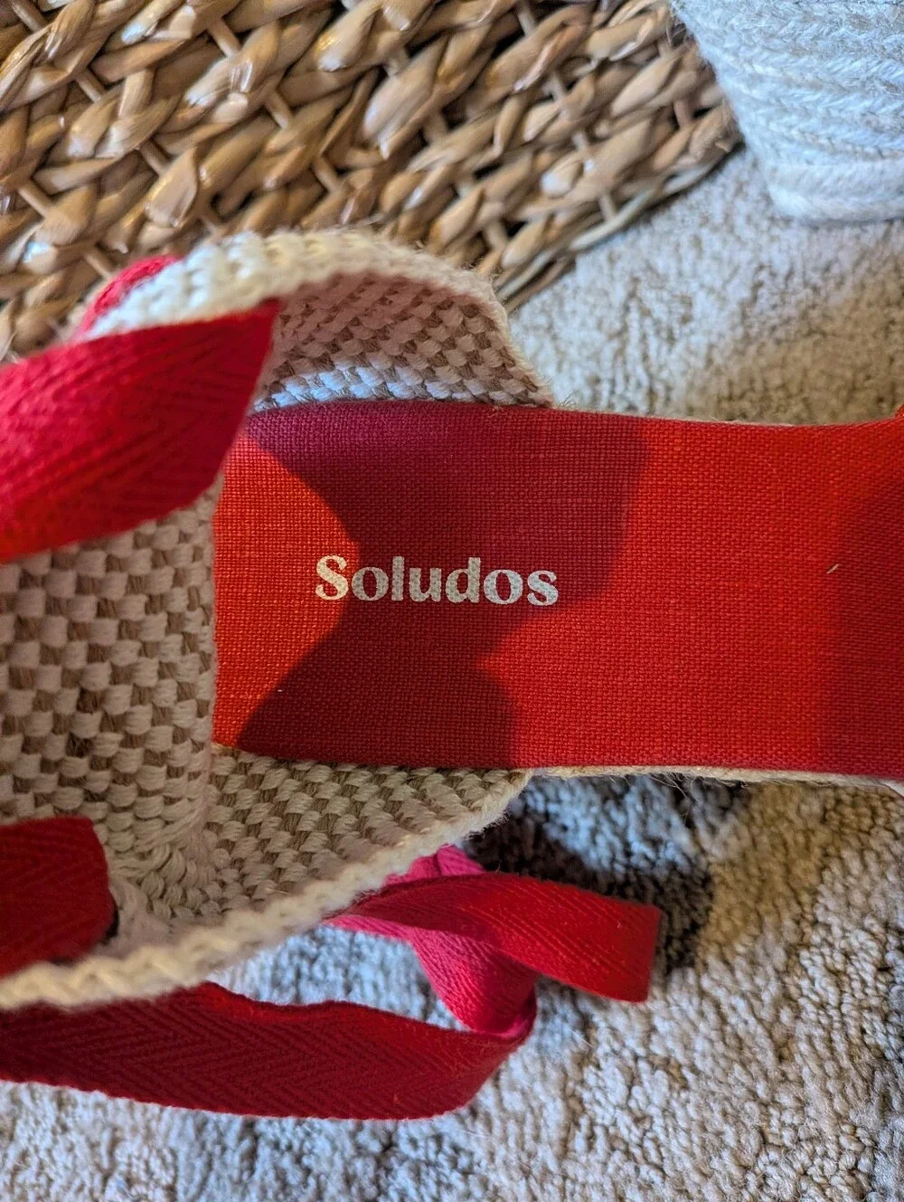 Soludos Red Canvas Espadrille Wedge Ankle Tie Sandals
